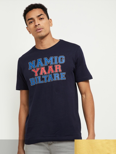

max Men Pack Of 2 Mustard Yellow & Navy Blue Typography Printed Pure Cotton T-shirts