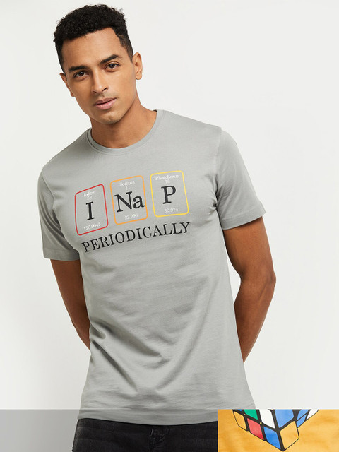 

max Men Pack Of 2 Grey & Yellow Printed Pure Cotton T-shirts