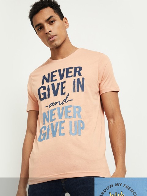 

max Men Pack Of 2 Blue & Pink Typography Printed T-shirts