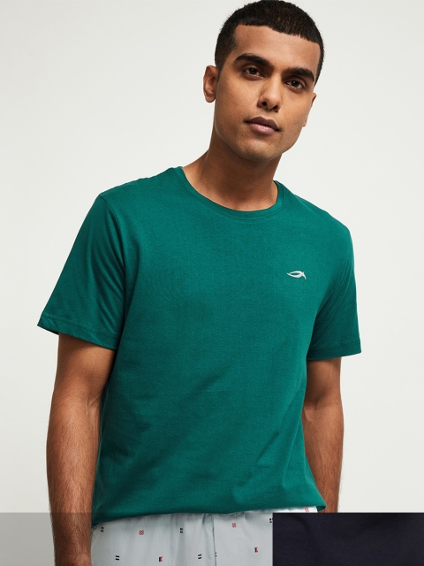 

max Men Pack Of 2 Blue & Green Solid Pure Cotton T-shirts