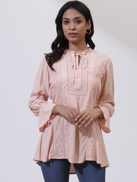 

Lakshita Peach Floral Lace Tie-Up Neck Top