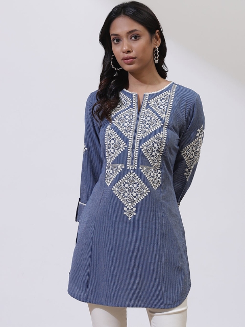 

Lakshita Women Blue & White Geometric Embroidered Cotton A-line Kurta