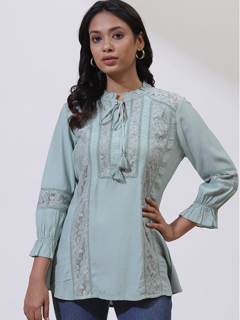 

Lakshita Women Green Ethnic Motifs Lace Keyhole Neck Cotton Kurta