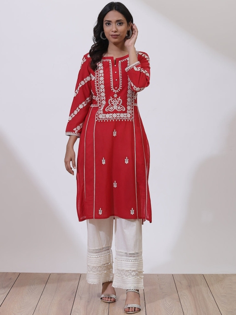 

Lakshita Women Red Floral Embroidered Cotton Kurta