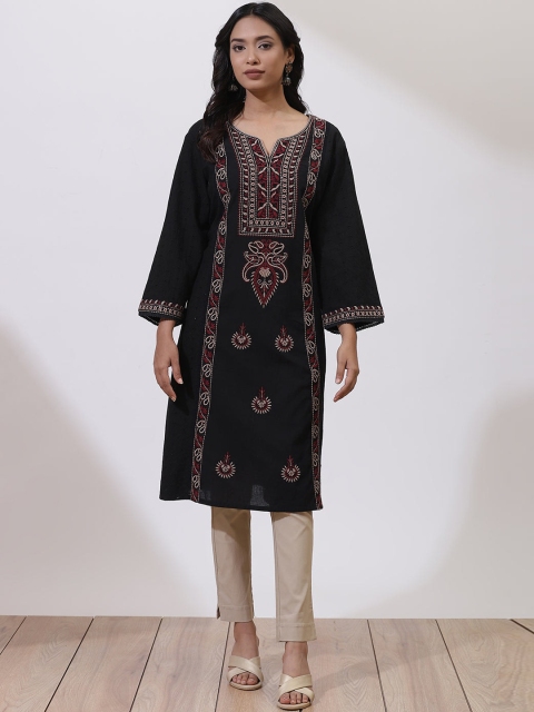 

Lakshita Women Black Ethnic Motifs Embroidered Flared Sleeves Cotton Kurta