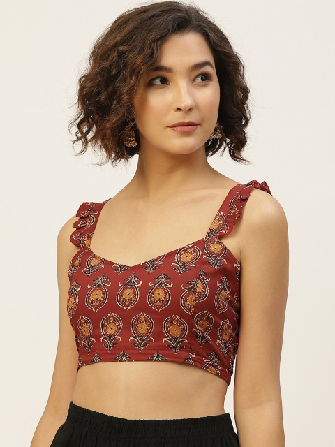 

Molcha Women Maroon & Black Handblock Printed Cotton Saree Blouse