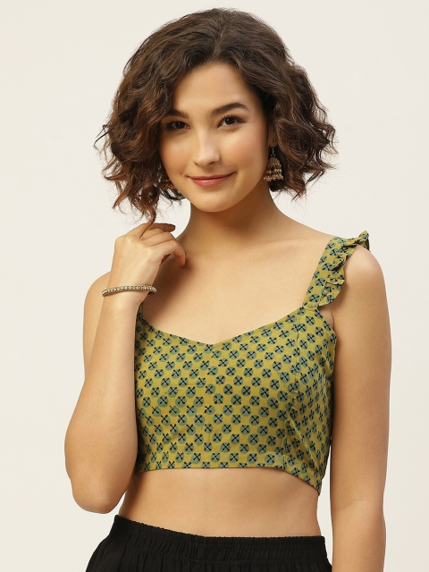 

Molcha Women Green Hand Block Printed Pure Cotton Saree Blouse