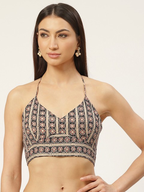 

Molcha Women Black & Beige Printed Pure Cotton Saree Blouse