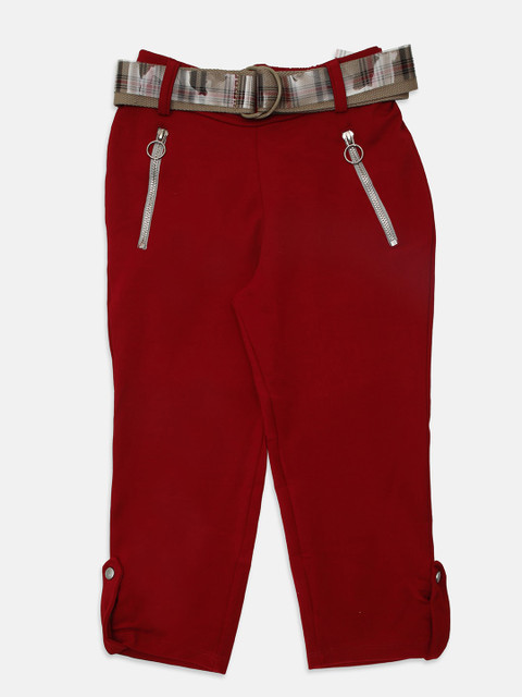 

Ziama Girls Red Regular Fit Solid Cotton Capris With Belt