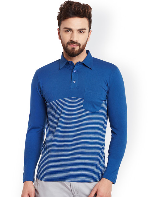 

Hypernation Men Blue & White Striped Polo Collar Slim Fit T-shirt