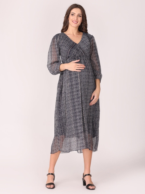 

The Mom Store Black Ethnic Motifs Georgette Maternity A-Line Midi Dress