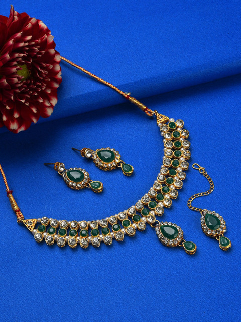 

SOHI Gold-Plates & Green Stones Studded Jewellery Set