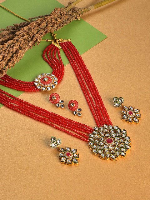 

SOHI Gold-Plated Red & White Stone-Studded & Beaded Jewellery Set