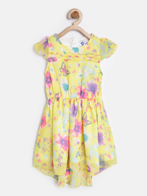 

612 league Girls Yellow Printed Fit & Flare Dress