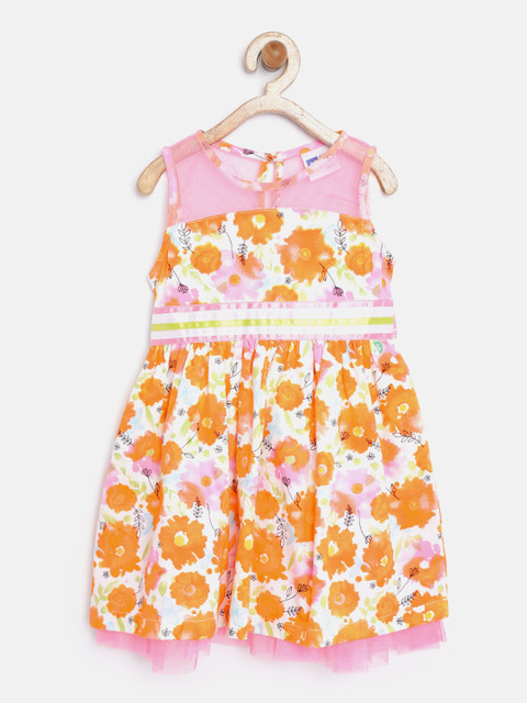 

612 league Girls Orange & White Printed Fit & Flare Dress