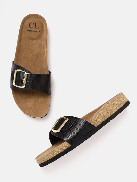 

Carlton London Women Black Textured Open Toe Flats with Buckle Detail