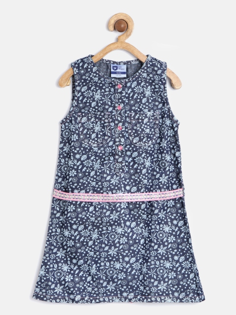 

612 league Girls Navy Printed A-Line Chambray Dress, Navy blue