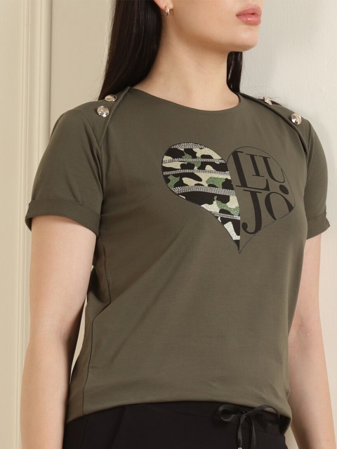 

LIU JO Women Olive Green Grapahic Printed Pure Cotton Top