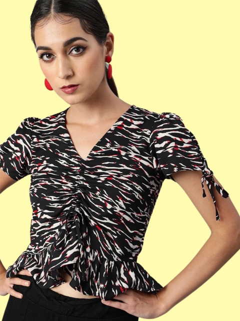

Sera Black Print Crepe Cinched Waist Crop Top