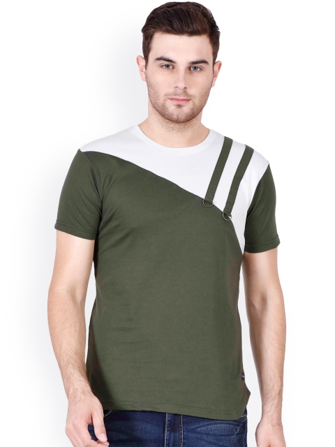 

Le Bison Men Olive & Cream-Coloured Colourblocked Slim Fit T-shirt