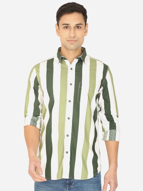 

JADE BLUE Men Green Slim Fit Striped Pure Cotton Casual Shirt