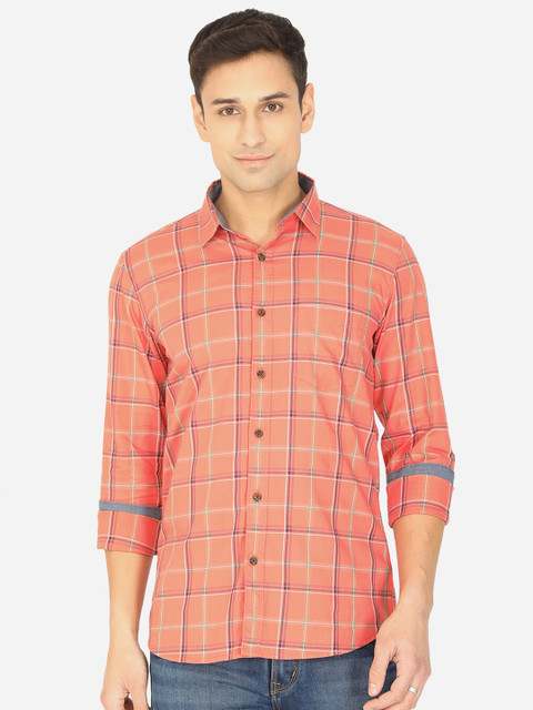 

JADE BLUE Men Peach-Coloured Slim Fit Checked Pure Cotton Casual Shirt