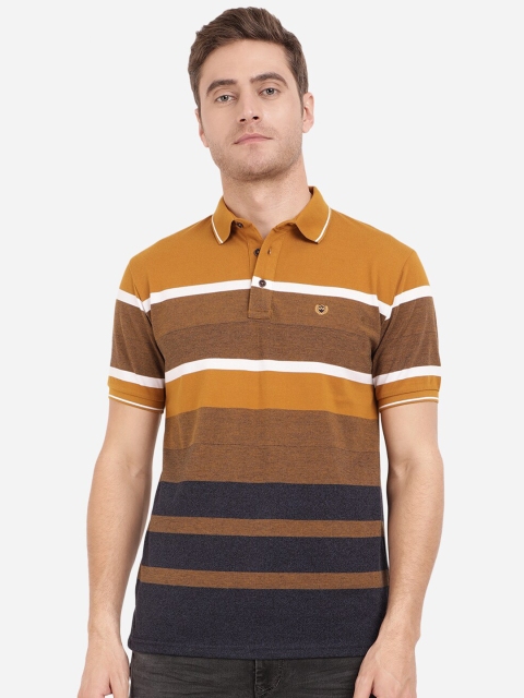 

JADE BLUE Men Yellow & Navy Blue Striped Polo Collar Slim Fit Outdoor T-shirt