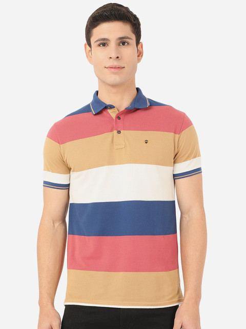 

JADE BLUE Men Pink Striped Polo Collar Slim Fit Cotton T-shirt