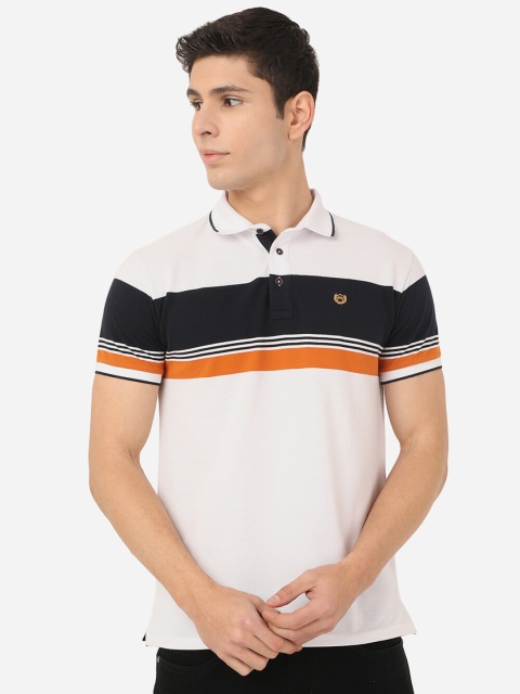 

JADE BLUE Men White & Black Striped Polo Collar Slim Fit T-shirt