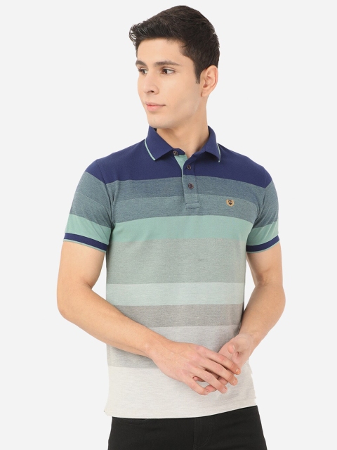 

JADE BLUE Men Blue & Grey Colourblocked Polo Collar Slim Fit T-shirt