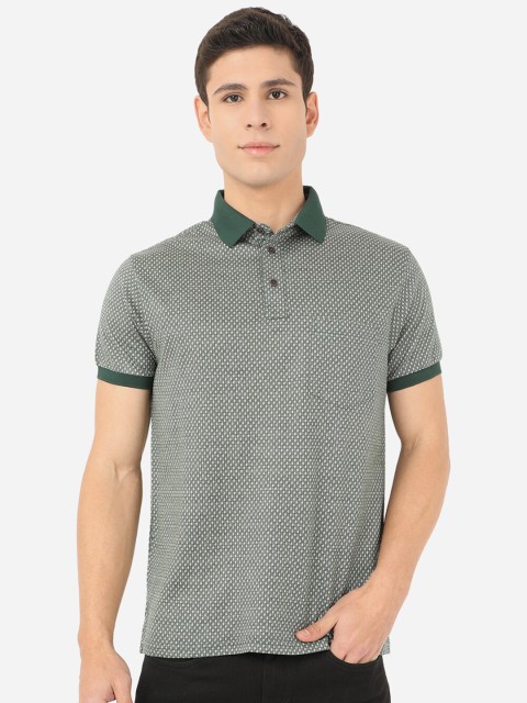 

JADE BLUE Men Olive Green Checked Polo Collar Slim Fit Pure Cotton T-shirt