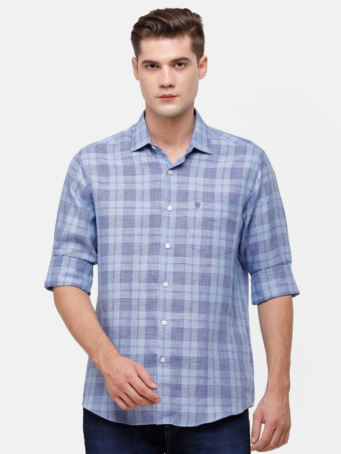 

Linen Club Men Blue Tartan Checks Checked Linen Casual Shirt