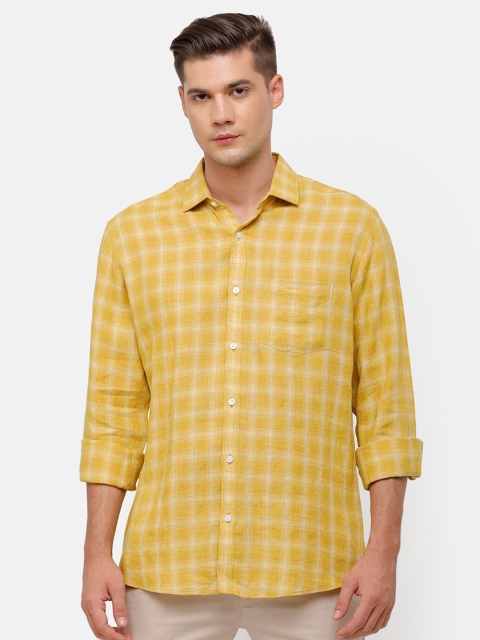 

Linen Club Men Yellow & Off White Checked Linen Casual Shirt