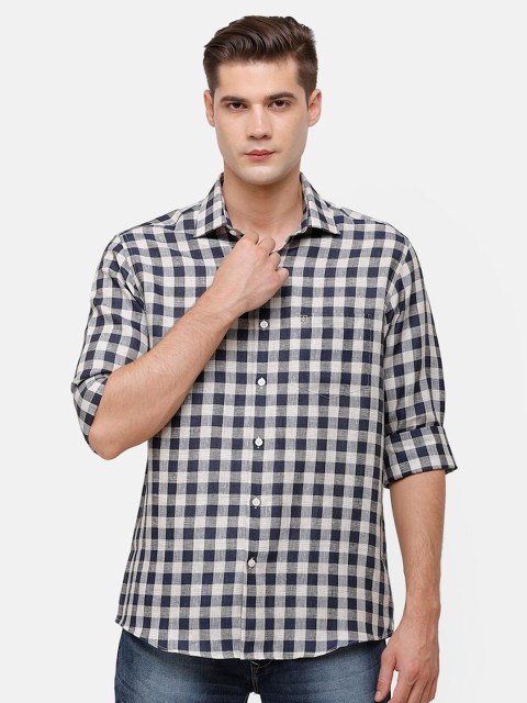 

Linen Club Men Blue & White Buffalo Checks Checked Linen Casual Shirt