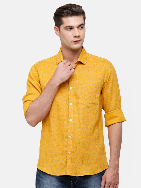 

Linen Club Men Yellow Printed Regular Fit Linen Casual Shirt