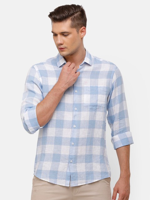 

Linen Club Men Blue & White Buffalo Checks Checked Linen Casual Shirt