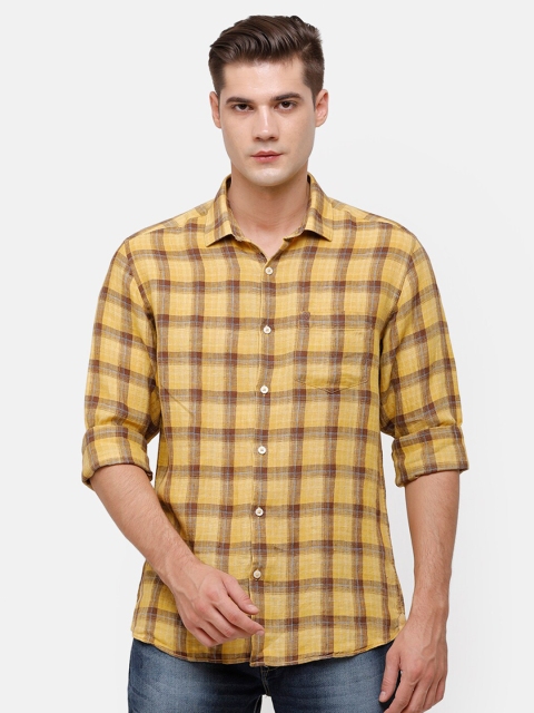 

Linen Club Men Yellow & Brown Checked Linen Casual Shirt