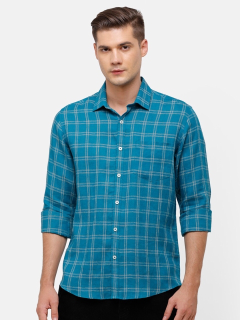 

Linen Club Men Turquoise Blue Tartan Checks Checked Linen Casual Shirt