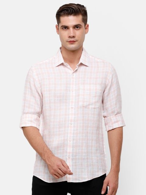 

Linen Club Men White & Peach-Coloured Checked Linen Casual Shirt