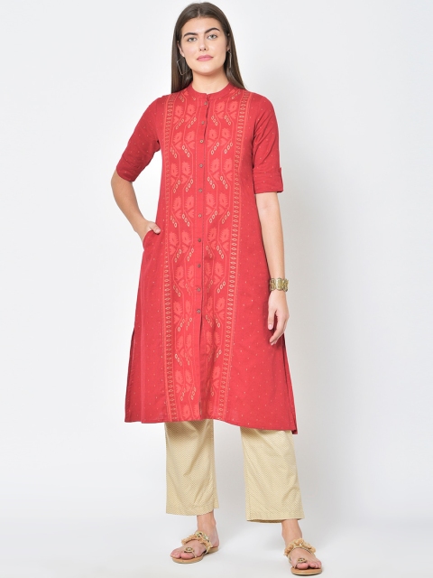 

Pistaa Women Red Printed Panelled Kurta with Trousers