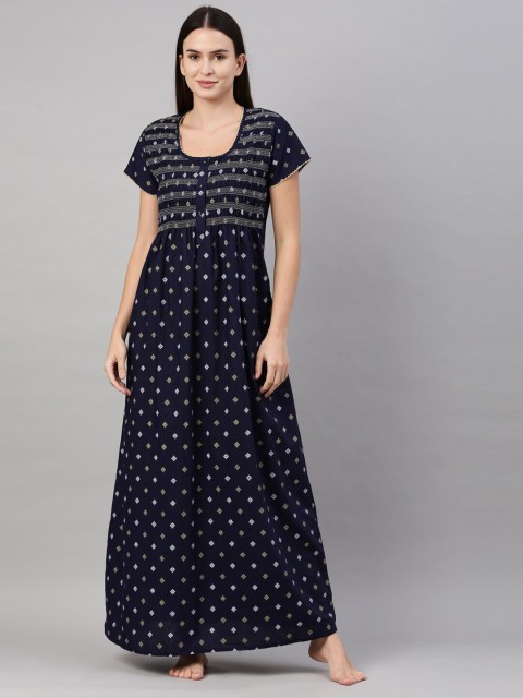 

GOLDSTROMS Navy Blue & White Ethnic Motifs Printed Smocked Maxi Nightdress