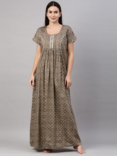 

GOLDSTROMS Women Olive Green & White Printed Maxi Pure Cotton Nightdress