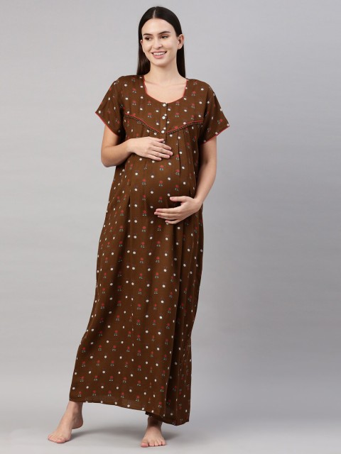 

GOLDSTROMS Brown & Red Ethnic Motifs Printed Maternity Maxi Nightdress