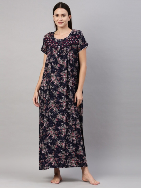

GOLDSTROMS Women Navy Blue & Magenta Printed Cotton Maxi Nightdress