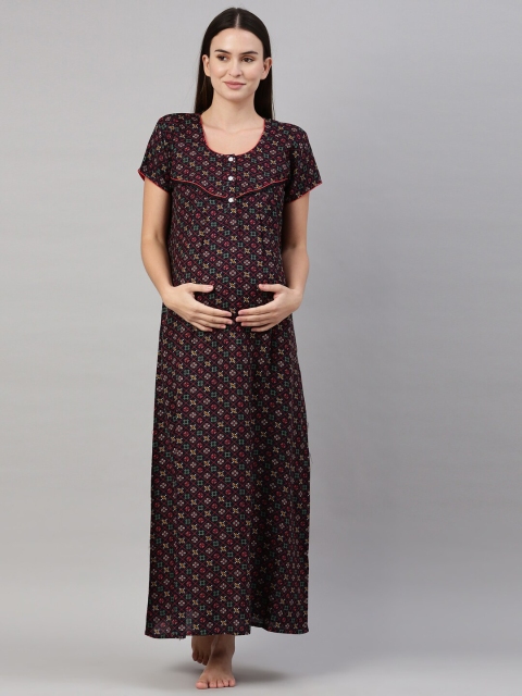 

GOLDSTROMS Maternity Navy Blue & Red Printed Maxi Nightdress