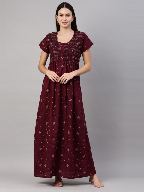 

GOLDSTROMS Maroon Printed Smocked Maxi Nightdress