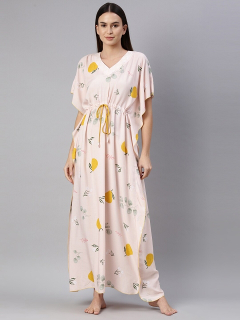 

GOLDSTROMS Peach-Coloured Modal Printed Maxi Kaftan Nightdress