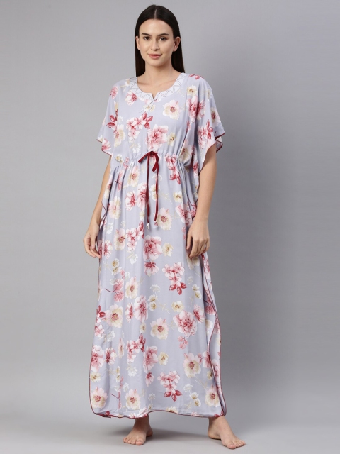 

GOLDSTROMS Women Grey & Maroon Printed Maxi Kaftan Nightdress