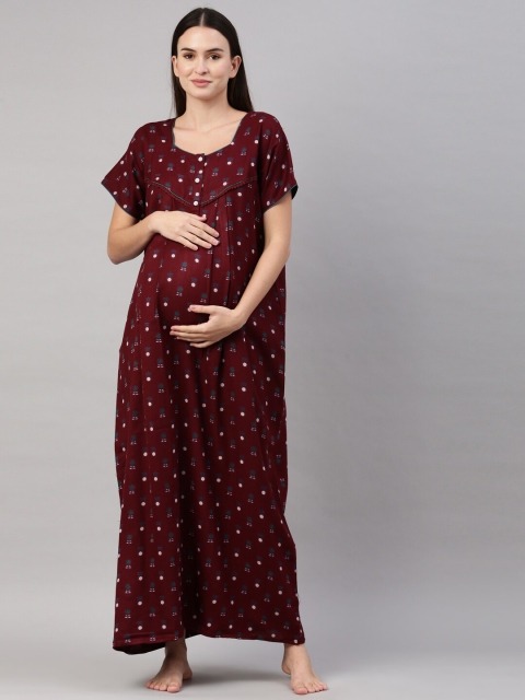 

GOLDSTROMS Women Maroon & Green Floral Printed Maxi Maternity Nightdress