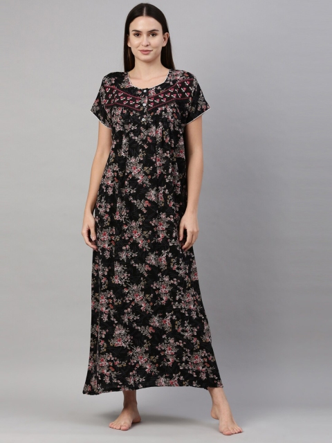 

GOLDSTROMS Women Black & Pink Printed Cotton Blend Maxi Nightdress